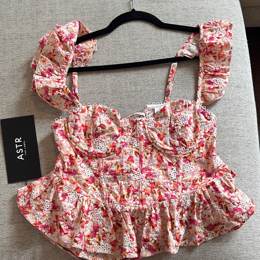 ASTR Floral Ruffle Blouse in Pink and White